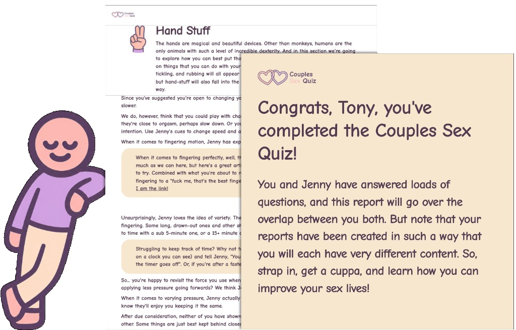 Preview of a personalised Couples Sex Quiz report with illustrated character